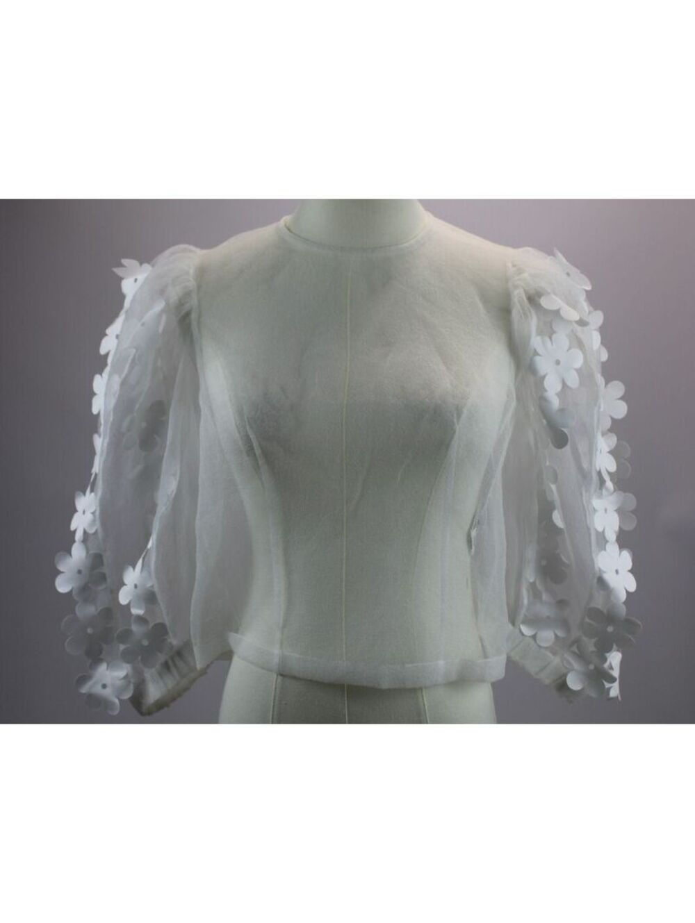 PASKAL Designer White 3D Floral Applique Top Size S Sculptural Laser Cut Sheer